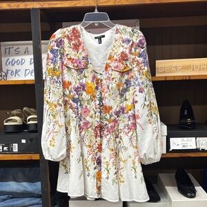 Aqua White Floral V-Neck Peasant Tunic with Pink, Purple & Yellow Blooms